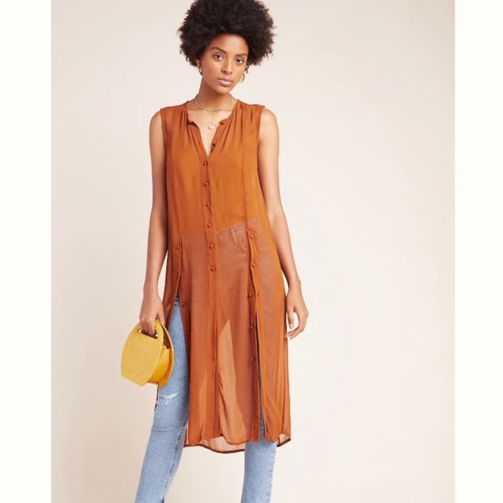 Maeve Anthropologie Meriwether Sheer Button Front Duster Tunic Top Blouse